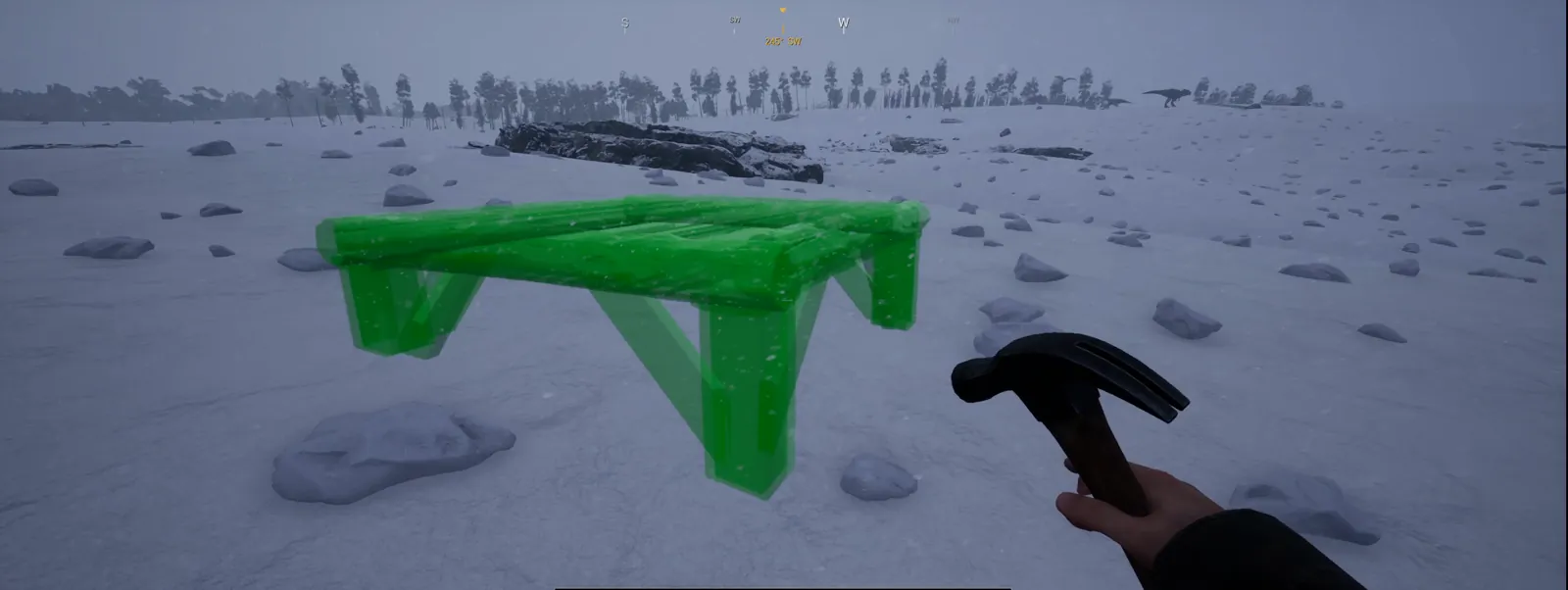 Vista previa en verde de una estructura de madera antes de colocarla, martillo en mano, en la tundra